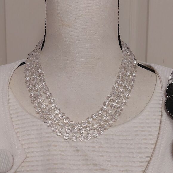 Jewelry - Clear Faceted Beads Beaded on White Cord Extra Long Flapper Necklace